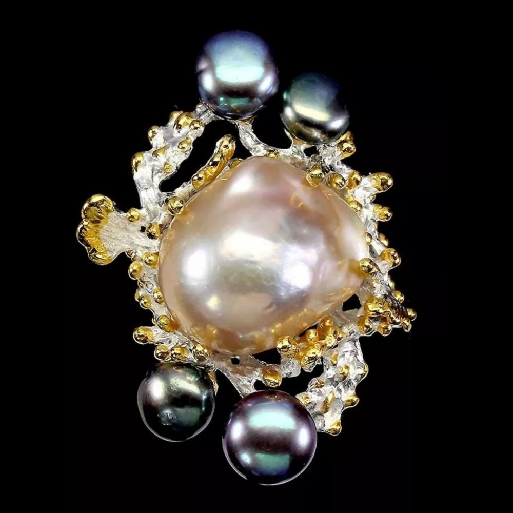 Fascinating Genuine Baroque Pearl&Black Pearl Ring